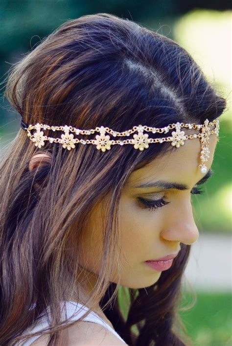 The Celine Gold Flower Pearl Rhinestone Indian Boho Bohemian Headband Festival Hair Chain