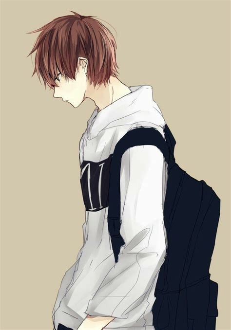 Anime Guy Sweatshirt Hoodie Brown Hair Backpack Sad Anime Oc