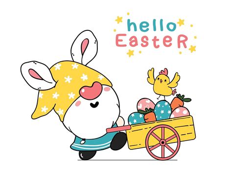 Cute Easter Gnome Bunny Ears Cartoon And Yellow Chick Baby In Pink
