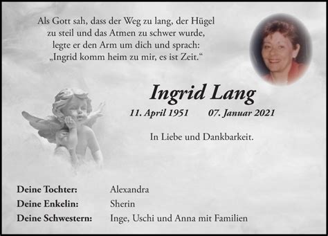 Traueranzeigen Von Ingrid Lang Vrm Trauerde