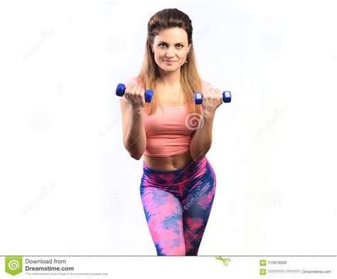 Fitness Girl Exercising With Dumbbells Isolated On White Background Lifting Dumbbells To The