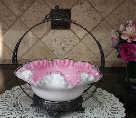 Antique Bride S Basket Pink White Fenton Glass Victorian Etsy Brides Basket Pink Bowls