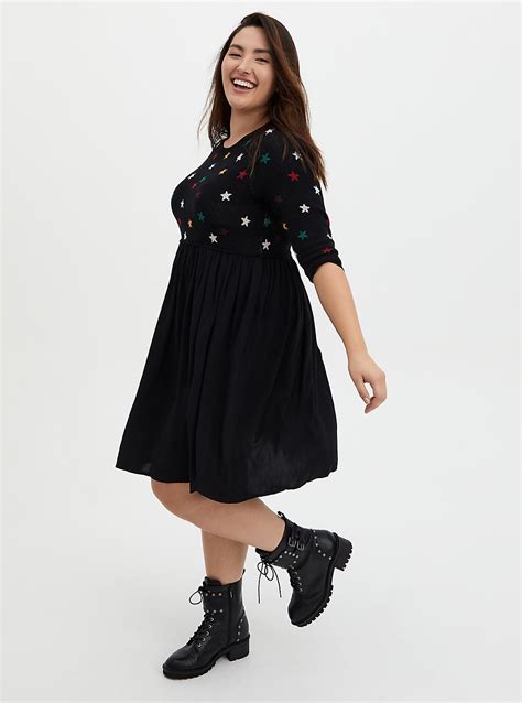 Plus Size Black And Multi Star Knit To Woven Skater Dress Torrid
