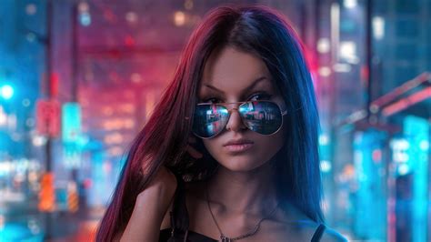 2560x1440 Cool Sunglasses Girl In Neon Lights Of City 1440p Resolution