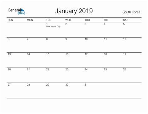 Printable January 2019 Monthly Calendar With Holidays For South Korea