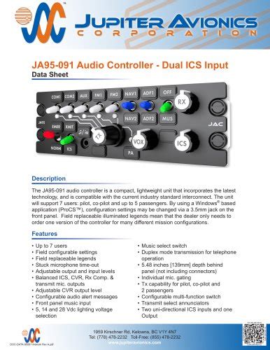 Ja95 091 Audio Controller Dual Ics Input Jupiter Avionics Pdf