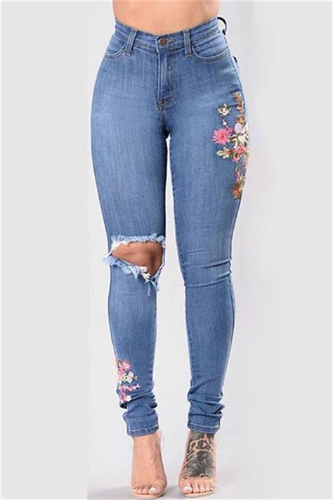stylish high waist broken holes blue denim jeanslw fashion online for