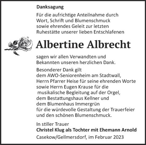 Traueranzeigen Von Albertine Albrecht Märkische Onlinezeitung