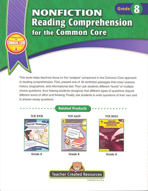 Nonfiction Reading Comprehension For The Common Core Grade 8 Teacher Created Resources