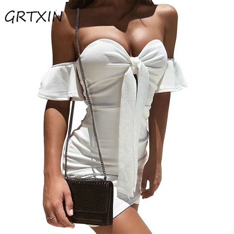 Grtxin Off Shoulder Strapless Sexy Ruched Summer Dress Women Bow Knot Backless Mini Dress Short