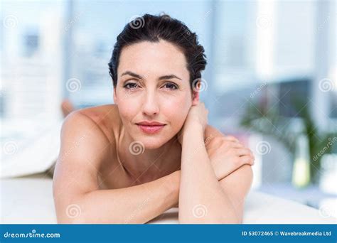 Smiling Brunette Relaxing On Massage Table Stock Image Image Of Adult