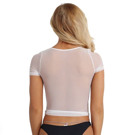 Sexy Women S Mesh See Through Short Sleeve Crop Tops Casual T Shirt Tee Blouse Ebay