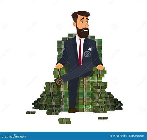 Happy Rich Man Sitting Confidently On A Big Pile Of Stacked Money Stock