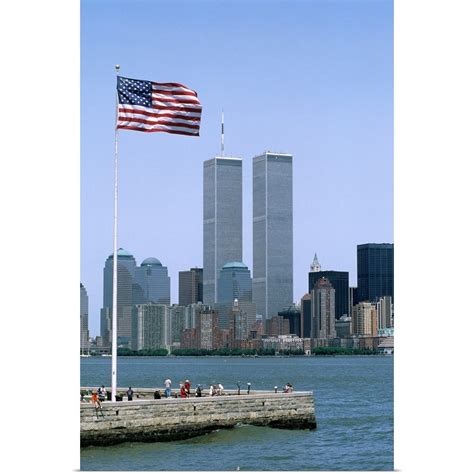 American Flag And World Trade Center Towers New York City