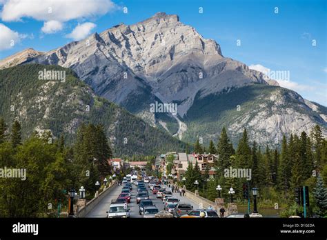 Banff Avenue With Cascade Mountain In The Background In The Canadian