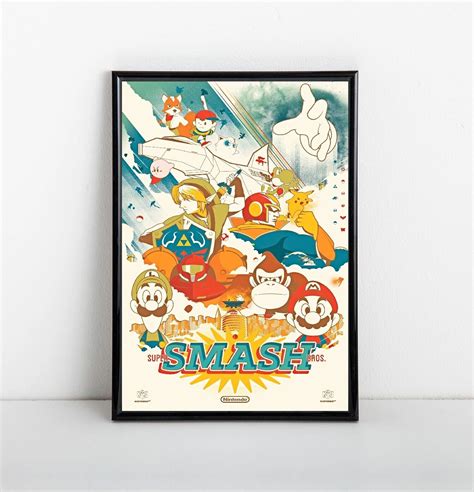 Retro Super Smash Bros Poster Canvas Framed Art Nintendo Classic