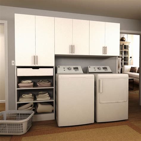 A laundry room makeover doesn't have to cost thousands of dollars. Modifi Horizon 90 in. W White Wide Tower Storage Laundry ...