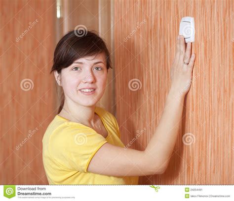 Woman Turning Off The Light Switch Stock Image Image Of Power Device