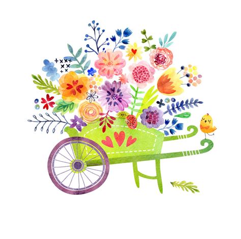 Wheelbarrow With Flowers Cute Watercolor Card Stock