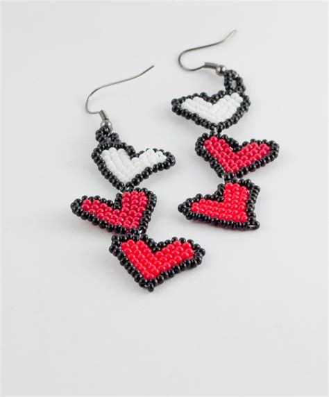 Valentines Hearts Handmade Seed Beaded Bright Earrings Бисер