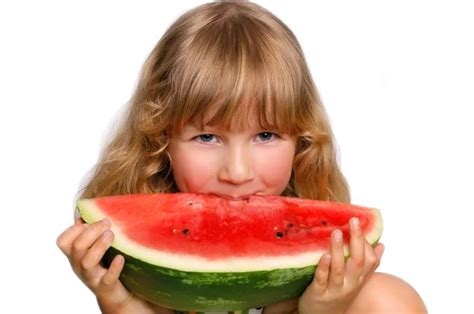 Cute Little Girl Eat Watermelon Slice Stock Photo By ©lenanet 17657475