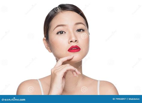 beautiful asian woman with retro makeup with red lips isolated o stock image image of makeup