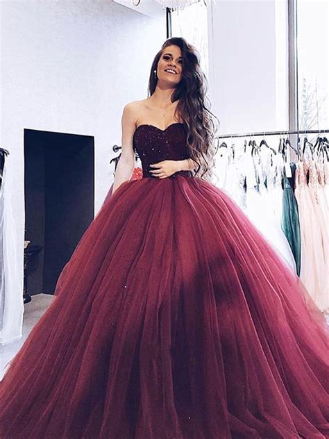Ball Gown Burgundy Tulle Strapless Sweetheart Prom Dresses Quinceanera