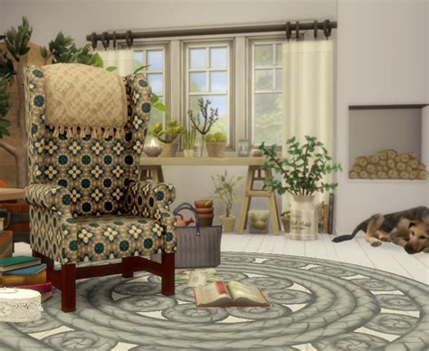 A Dog Laying On The Floor Next To A Chair In A Room Filled With Furniture