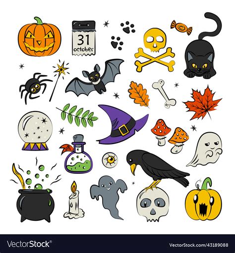 Set Of Cute Halloween Outline Cartoon Elements Vector Image