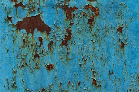 Rust Stains On The Metal Surface Rusted Blue Painted Metal Wall Stock
