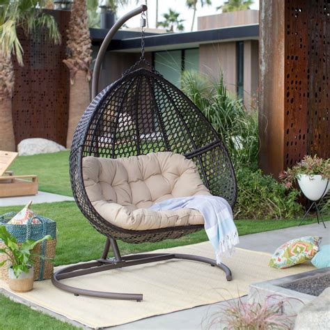 Resin Wicker Hanging Egg Loveseat Swing Chair Indoor Outdoor Patio
