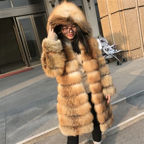 Natural Real Fox Fur Coat Women Warm Long Winter Hooded Jacket Clothes