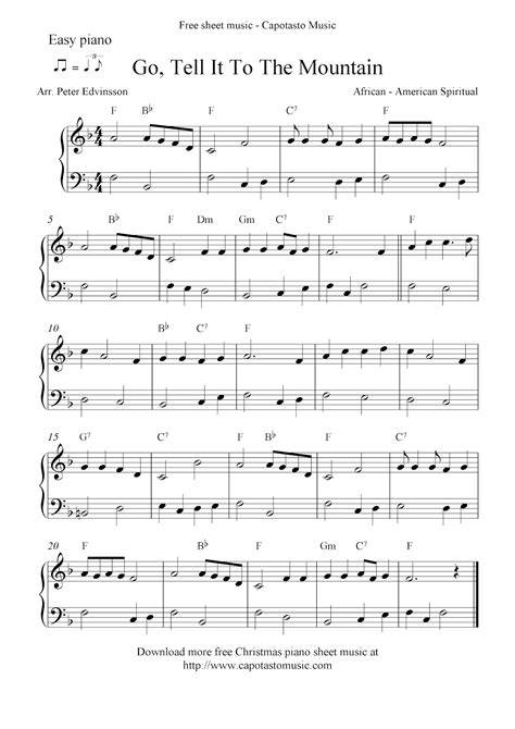 Easy free Christmas piano sheet music notes, Go, Tell It To The Mountain