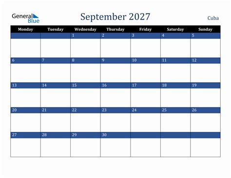 September 2027 Cuba Holiday Calendar