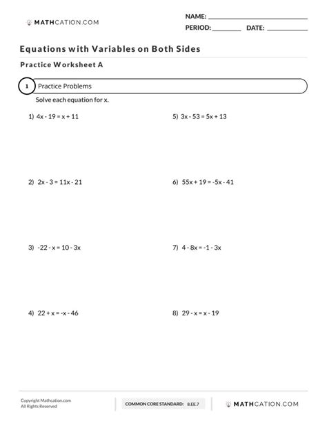 Worksheets With Equations With Variables And Numbers