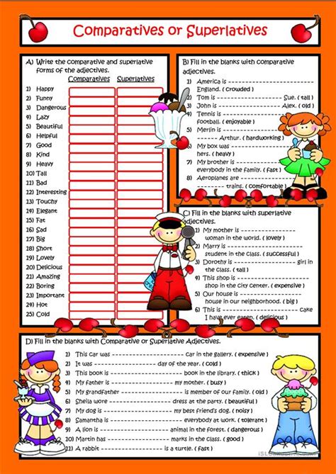 Adjectives can compare two or more nouns or pronouns. Comparatives and Superlatives worksheet - Free ESL ...