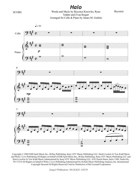 Beyonce Halo For Cello Piano Free Music Sheet