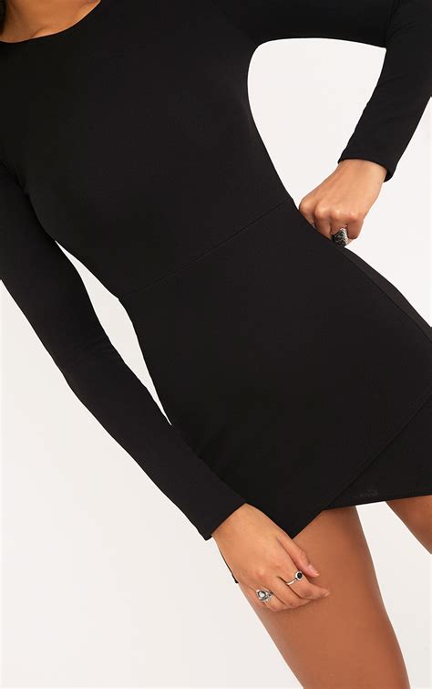 black long sleeve wrap skirt bodycon dress prettylittlething