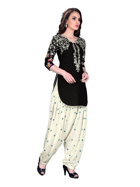 Black Embroidered Cotton Patiala Dress With Dupatta For Women