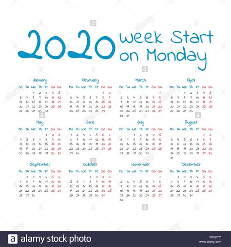 All free download vector graphic image from category 2020 calendar. Simple 2020 year calendar, week starts on Monday Stock ...