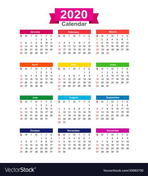 2020 Year Calendar Isolated On White Background Vector Image