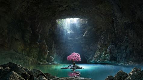 Download 1600x900 Wallpaper Pink Tree Blossom Cave Lake Nature