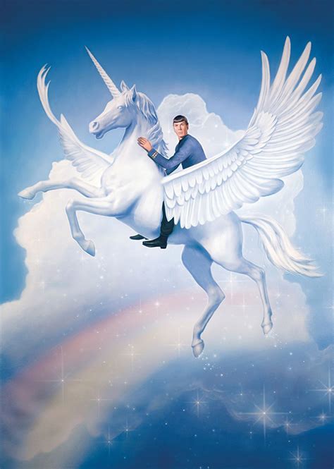 Spock Riding A Majestic Unicorn Over A Rainbow