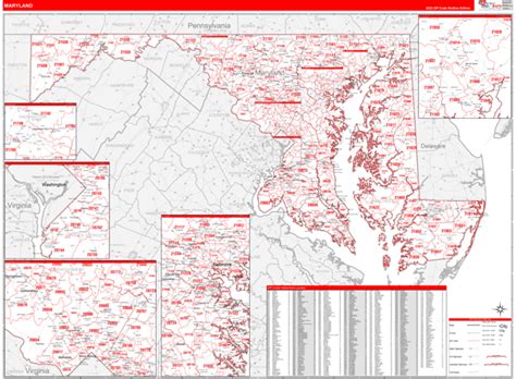 Maryland Zip Code Wall Map Red Line Style By Marketmaps Mapsales
