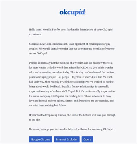 Okcupid Offers Firefox Users Links To Other Browsers In Protest Against