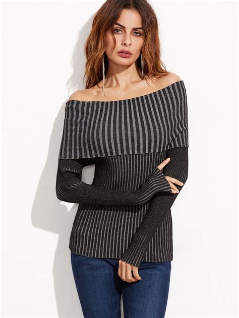 Black Fold Over Off The Shoulder Ribbed Sweater Sheinsheinside