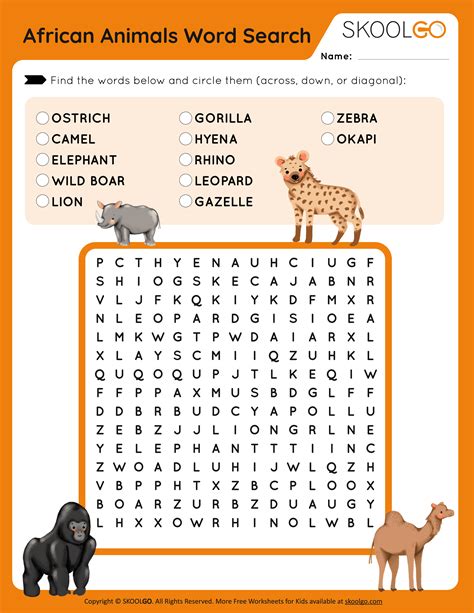 African Animals Word Search Free Game For Kids Skoolgo