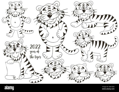 Set Of Tigers In Hand Draw Style Symbol Of Monochrome Faces Of