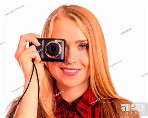 Glamour Woman Photographer Holding A Compact Camera And Shooting