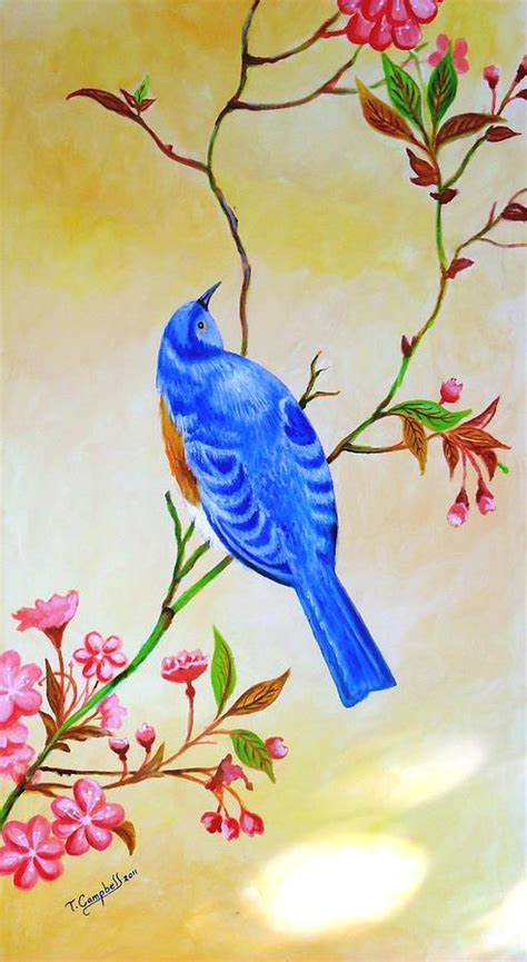 Blue Bird On Cherry Blossom Painting By Tc Tender Touch